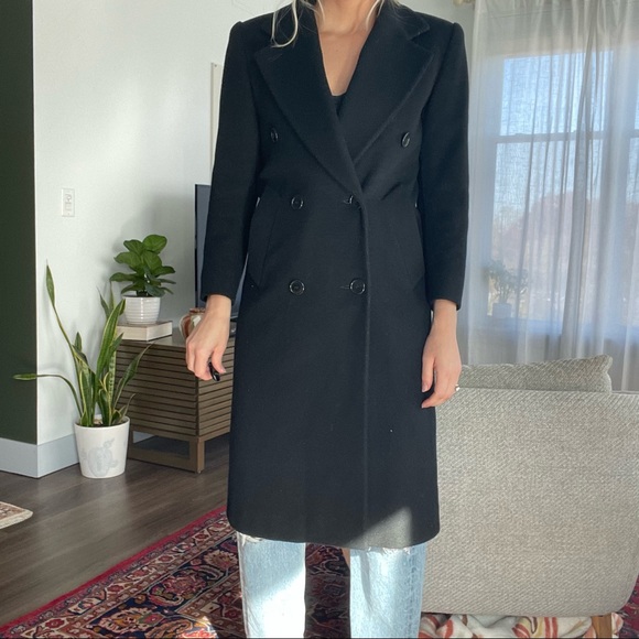 Black Wool Coat Vintage Long Jacket Double Breasted Collared by Jones New York S - Picture 3 of 9